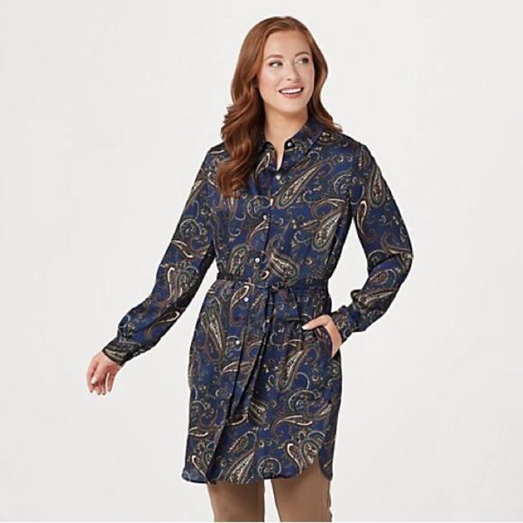 Susan Graver Regular Printed Woven Button-Front Duster w/ Belt - Picture 1 of 16